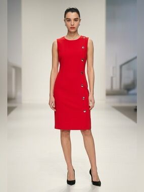 Tommy Hilfiger Red Sleeveless Sheath Dress with Side Button Accents